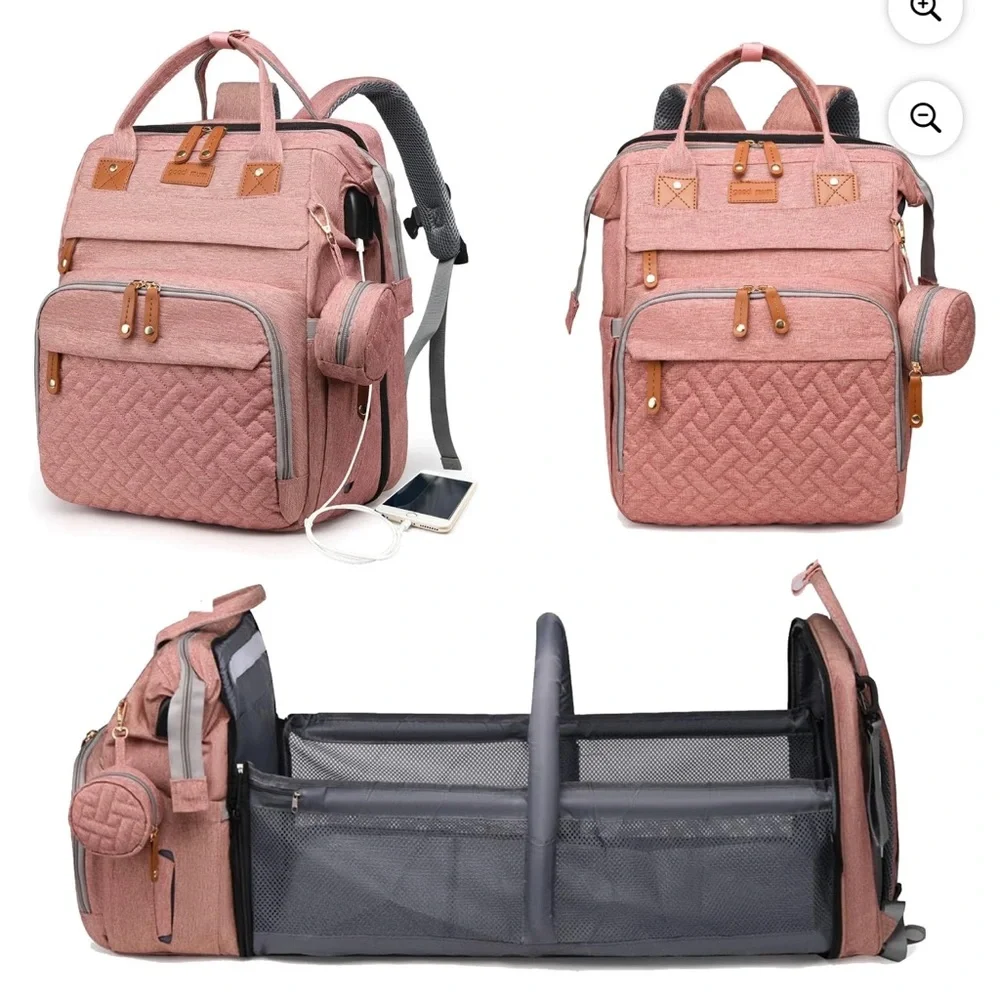 Pink Diaper Bag Backpack with Foldable Crib
